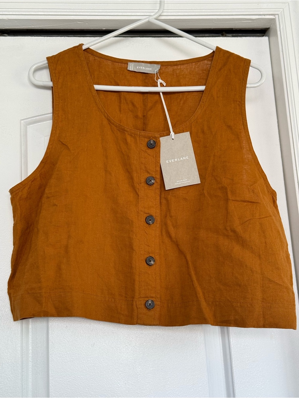 Everlane Rust Orange Sleeveless Button-Front Linen Crop Top